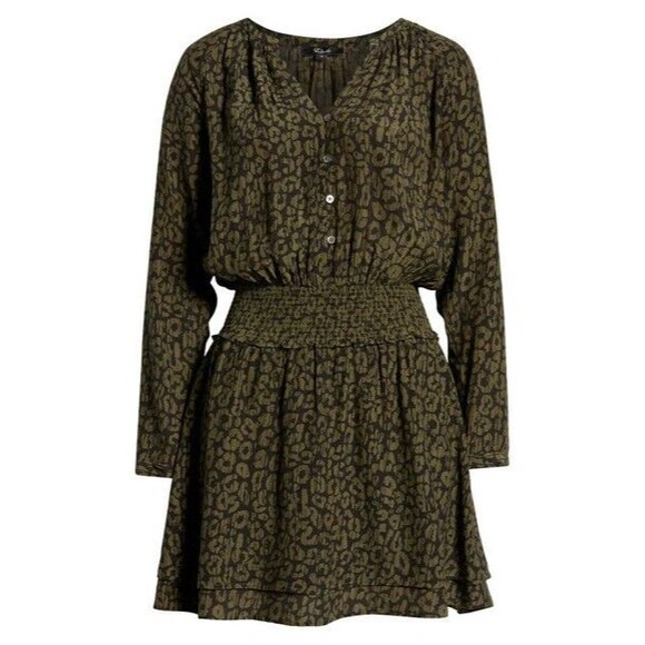 RAILS Womens Dress Small Green Pullover Smocked JASMINE Olive Batik Cheetah - Picture 3 of 11